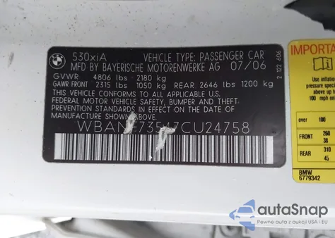 2007 BMW 530Xi from USA, damaged, VIN WBANF73547CU24758